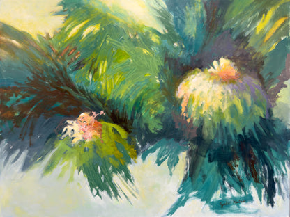 Colorful abstract painting of tropical plants with green, blue, golden, and pink hues.