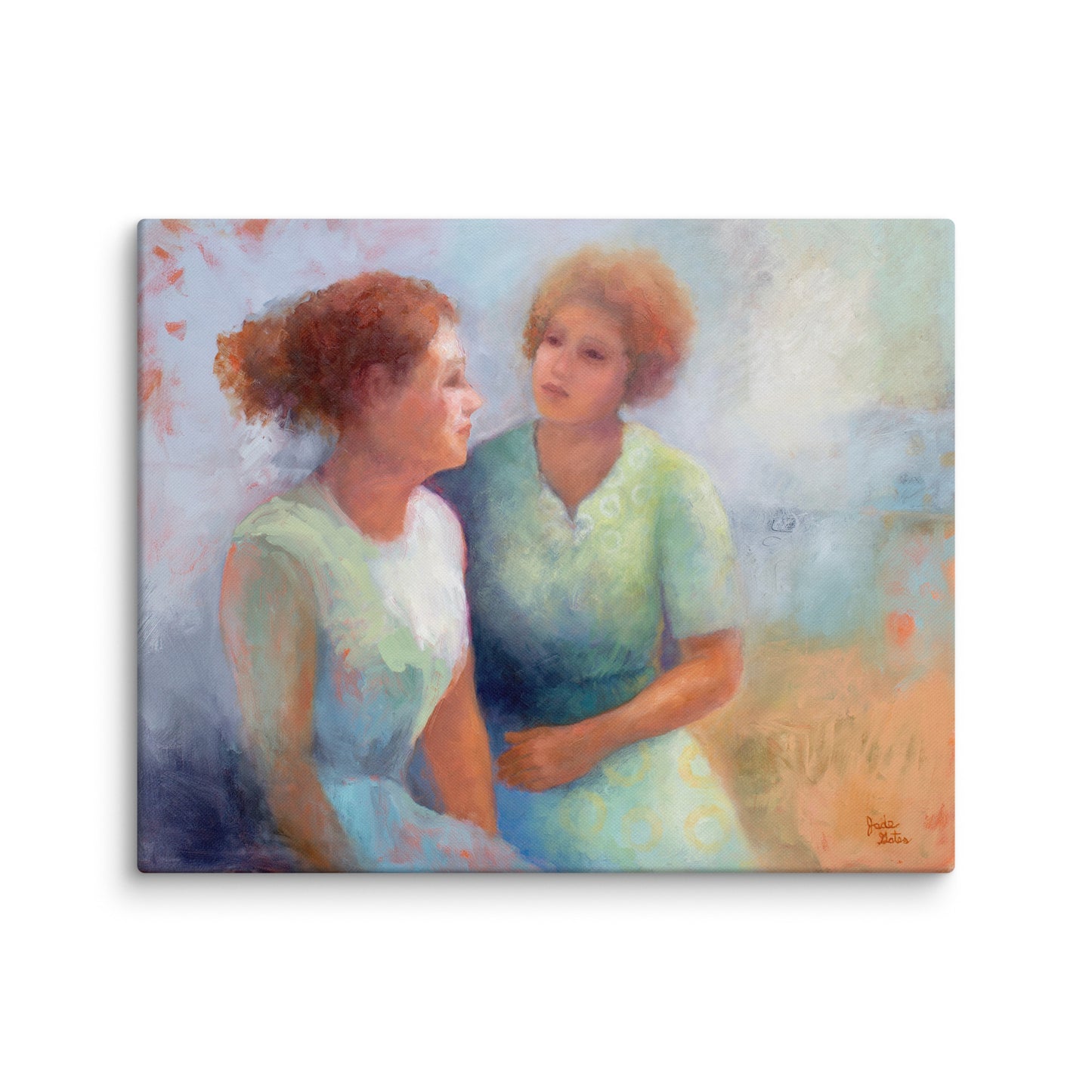 Caring conversation figurative art print, intimate figure painting, emotional connection wall art