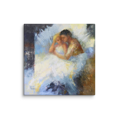 Comfort romantic  figurative art print, nurturing embrace painting, emotional warmth wall art