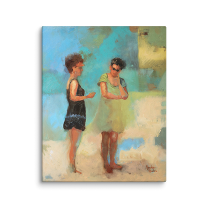 Conversation at the beach figurative print, seaside figures painting, coastal lifestyle wall art