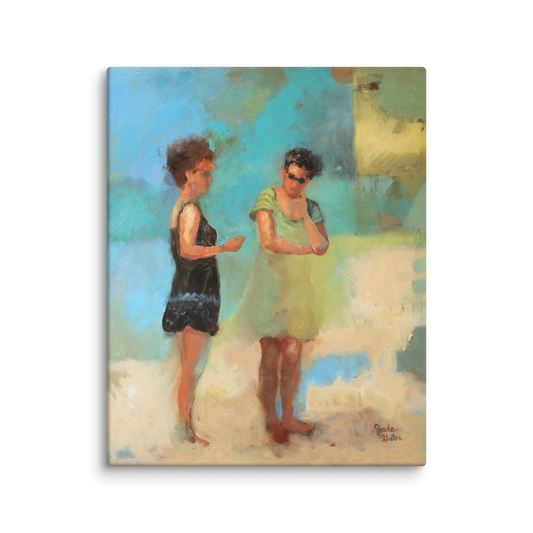 Conversation at the beach figurative print, seaside figures painting, coastal lifestyle wall art