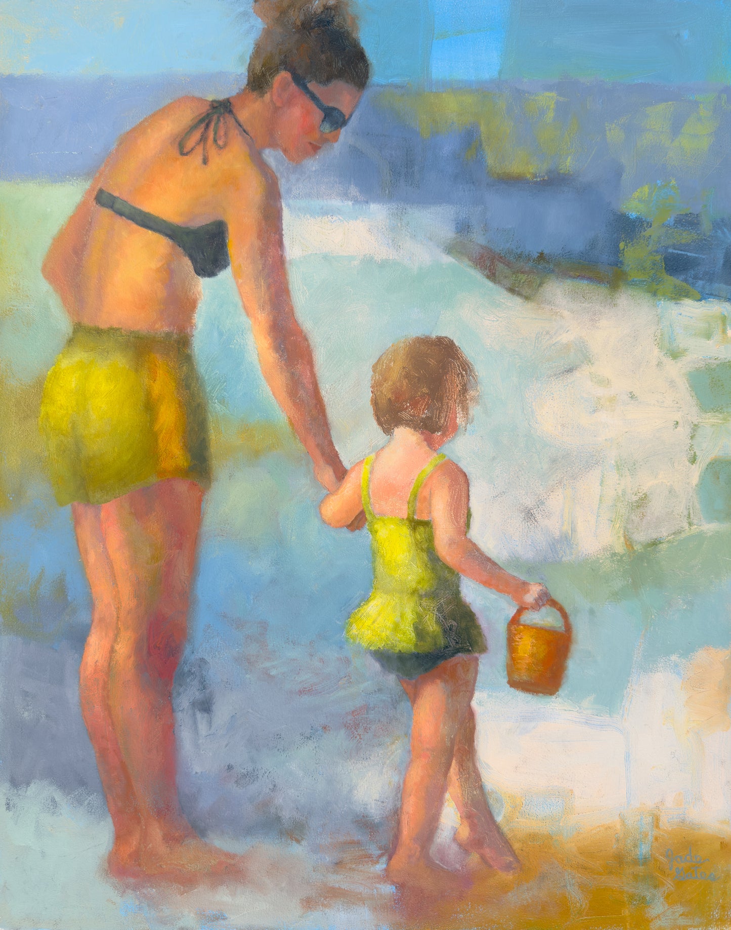 Discovery original oil painting, figurative, one-of-a-kind art
Painting of a woman and child at the beach with a bucket.