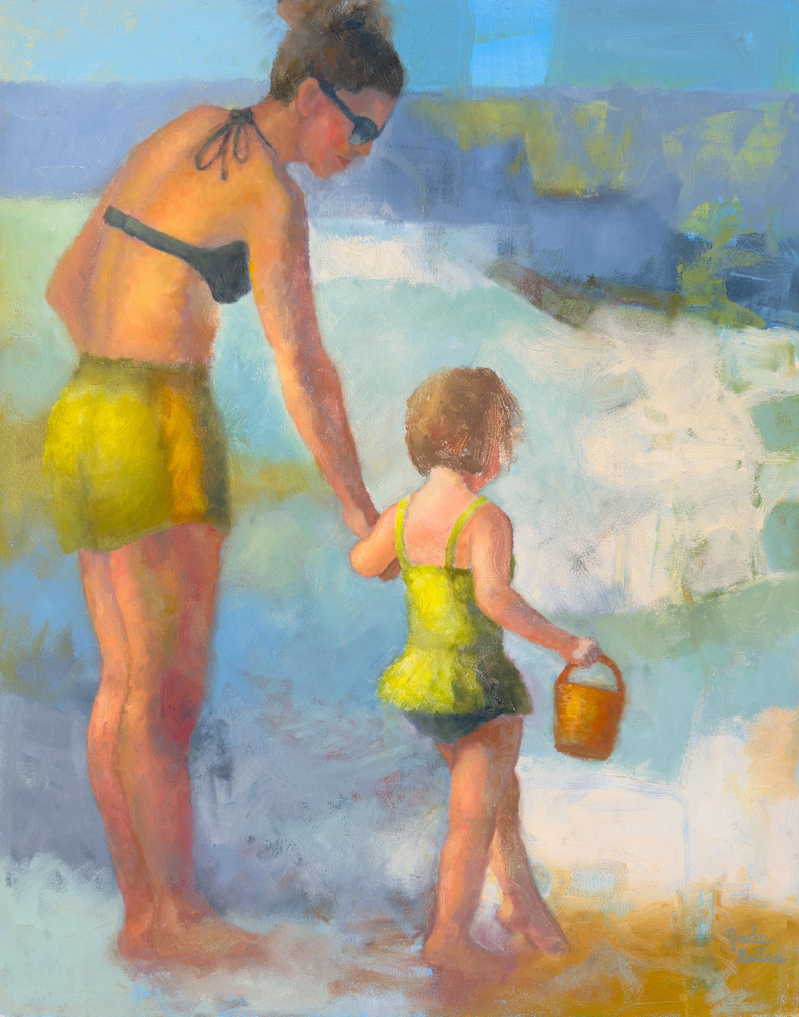 Discovery original oil painting, figurative, one-of-a-kind art
Painting of a woman and child at the beach with a bucket.