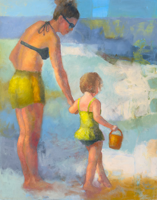 Discovery original oil painting, figurative, one-of-a-kind art
Painting of a woman and child at the beach with a bucket.