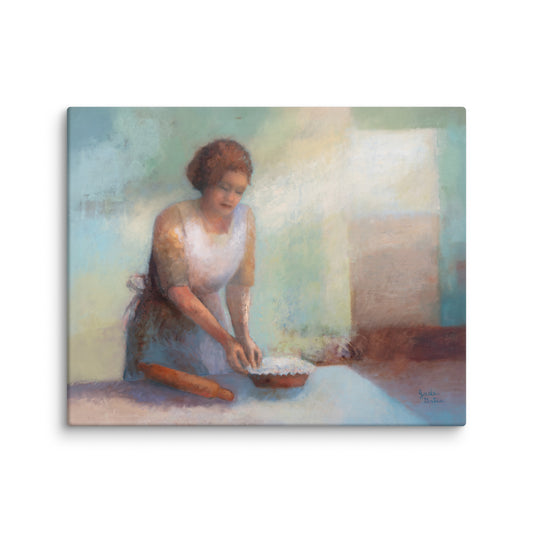 Final touch figurative art print, intimate gesture of a women making a pie in the kitchen.