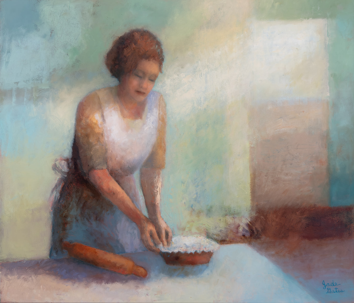 Painting of a woman in an apron rolling out dough with a rolling pin and making a pie. Final touch, original oil painting,  one-of-a-kind figurative art