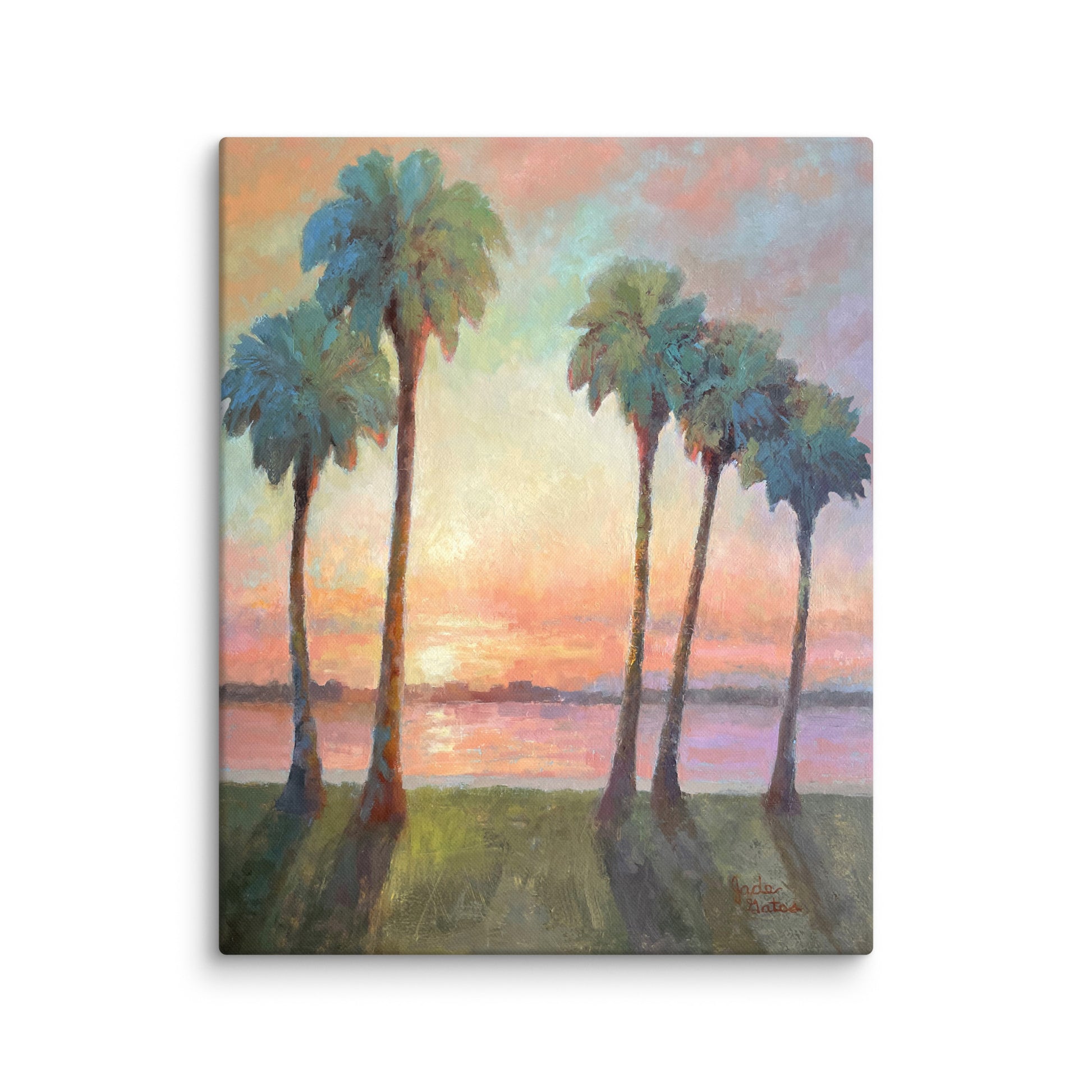 Five palms tropical art print, palm tree landscape painting, beach house wall decor