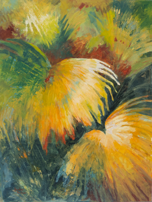 Golden palm fronds original painting, warm tropical foliage painting, botanical wall art. Golds, greens, reds, and a touch of blues