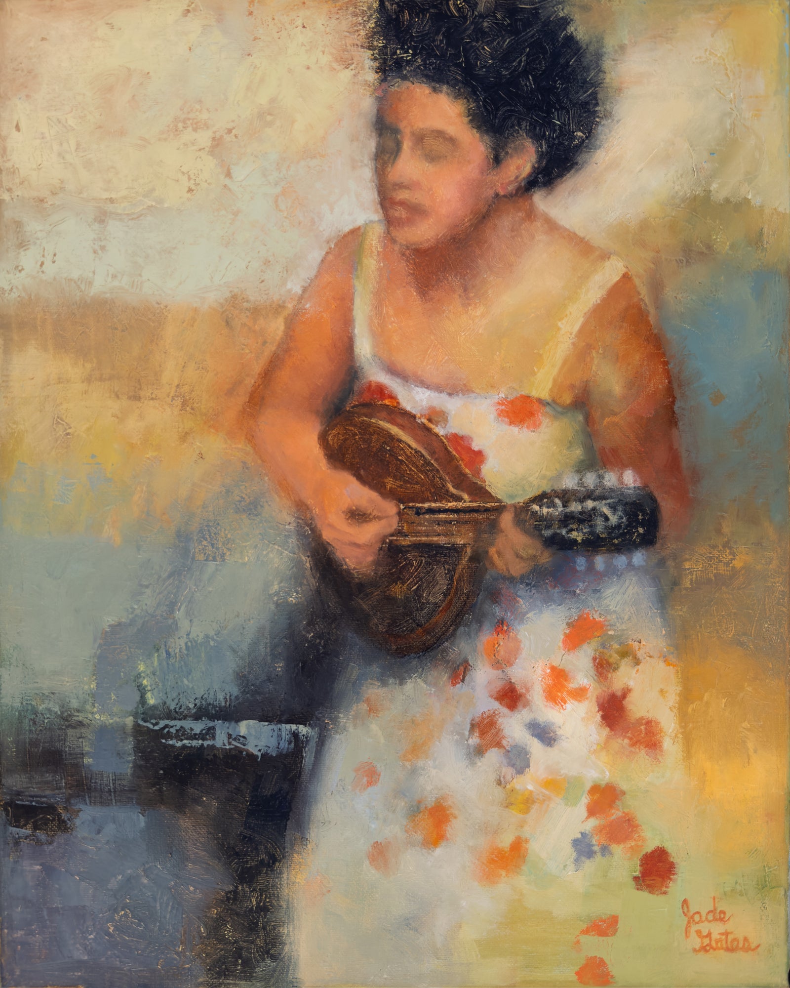 Mandolin music original oil painting, female musician painted on canvas, one-of-a-kind musical art