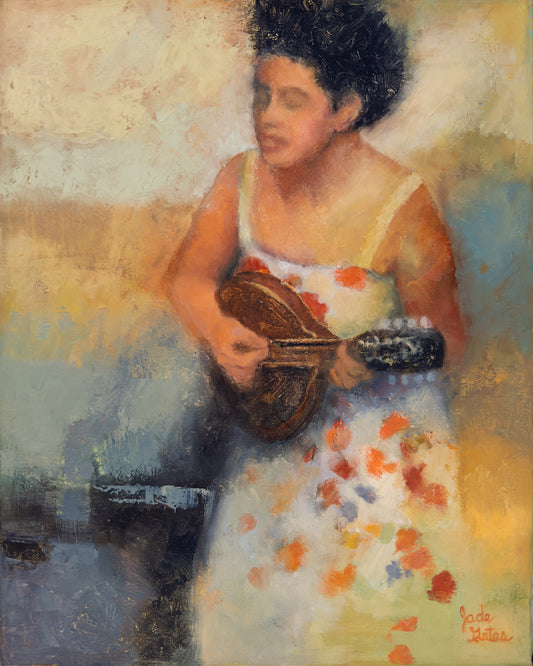 Mandolin music original oil painting, female musician painted on canvas, one-of-a-kind musical art