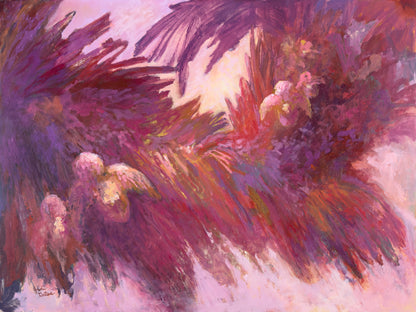 Orchids at twilight original oil painting, floral art on canvas, one-of-a-kind botanical painting. Pink mauve, red and purple