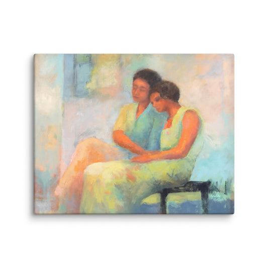 Shoulder to lean on figurative art print, supportive embrace painting, emotional connection perhaps friends or mother daughter -  wall art