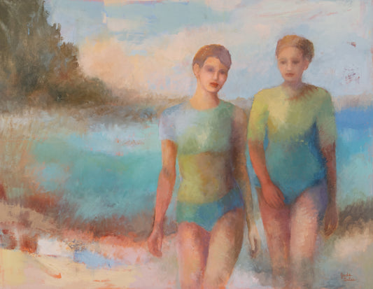 Two women in colorful swimsuits standing on a beach with a blue tropical background