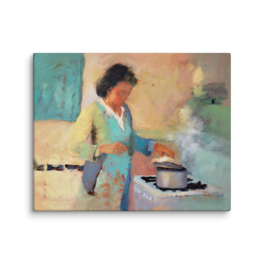 Steam nostalgic art print, women cooking in kitchen, atmospheric painting  wall decor
