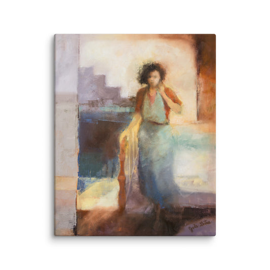 Women pausing at the threshold of a staircase, art print, figure in motion painting, contemporary wall art
