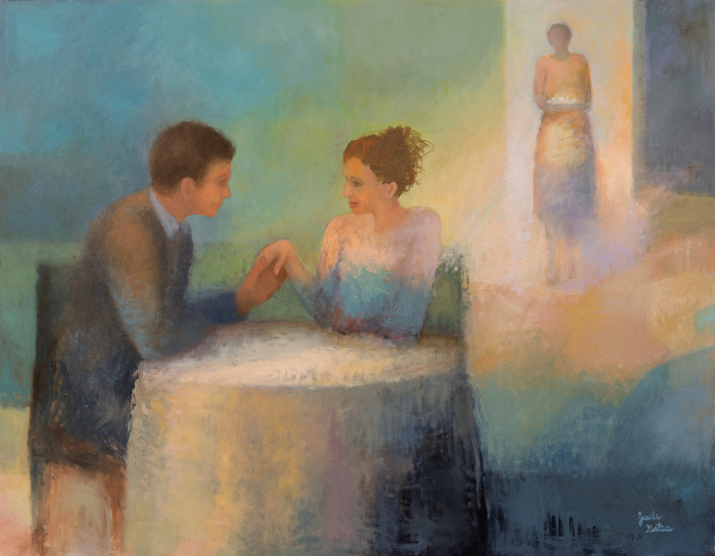 Romantic dining, a couple holding hands at a table with a waiter in the background.