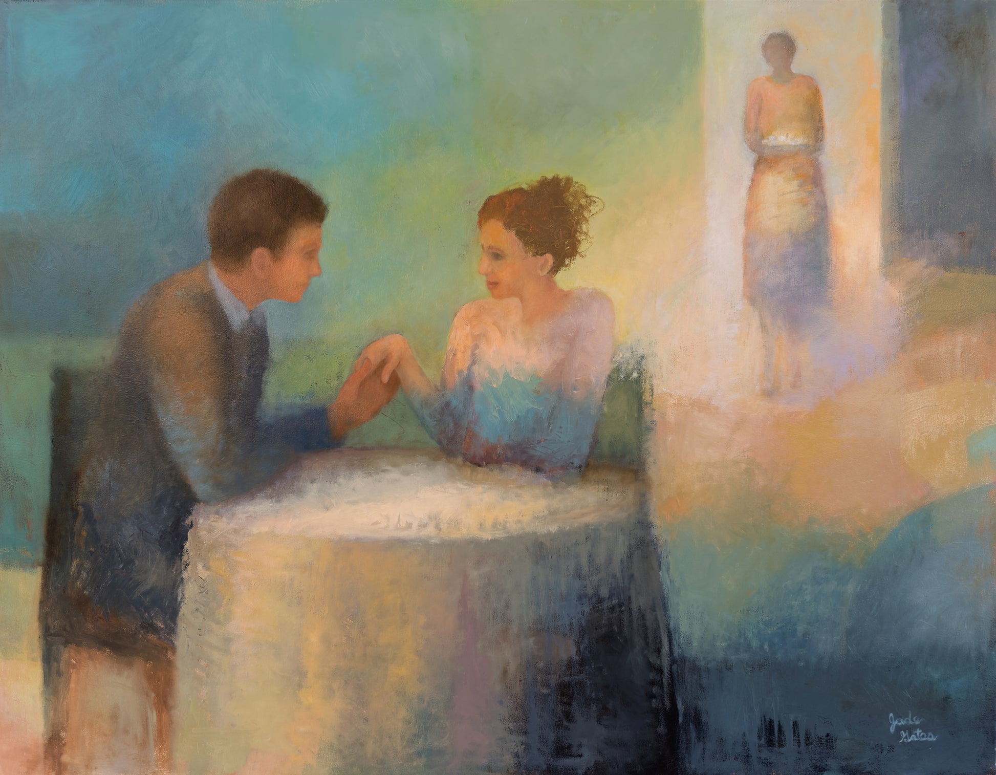 Romantic dining, a couple holding hands at a table with a waiter in the background.