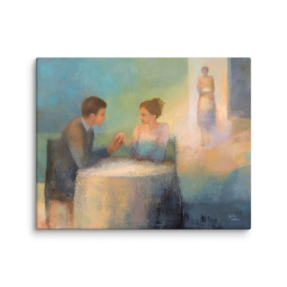 A couple touching hangs, intimate Romanic connection in a restaurant. Emotional wall decor