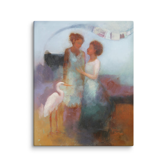 Woman with heron art print, figurative painting with bird, nature and human connection art