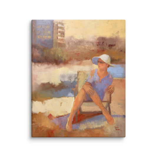 Woman with white hat portrait print, elegant figure painting, sophisticated wall decor