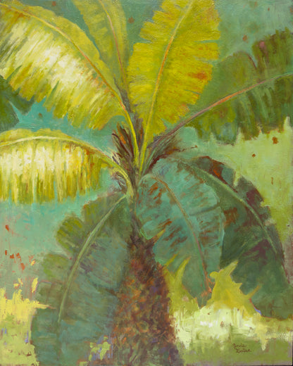 Painting of a banana plant with large green leaves on a textured background