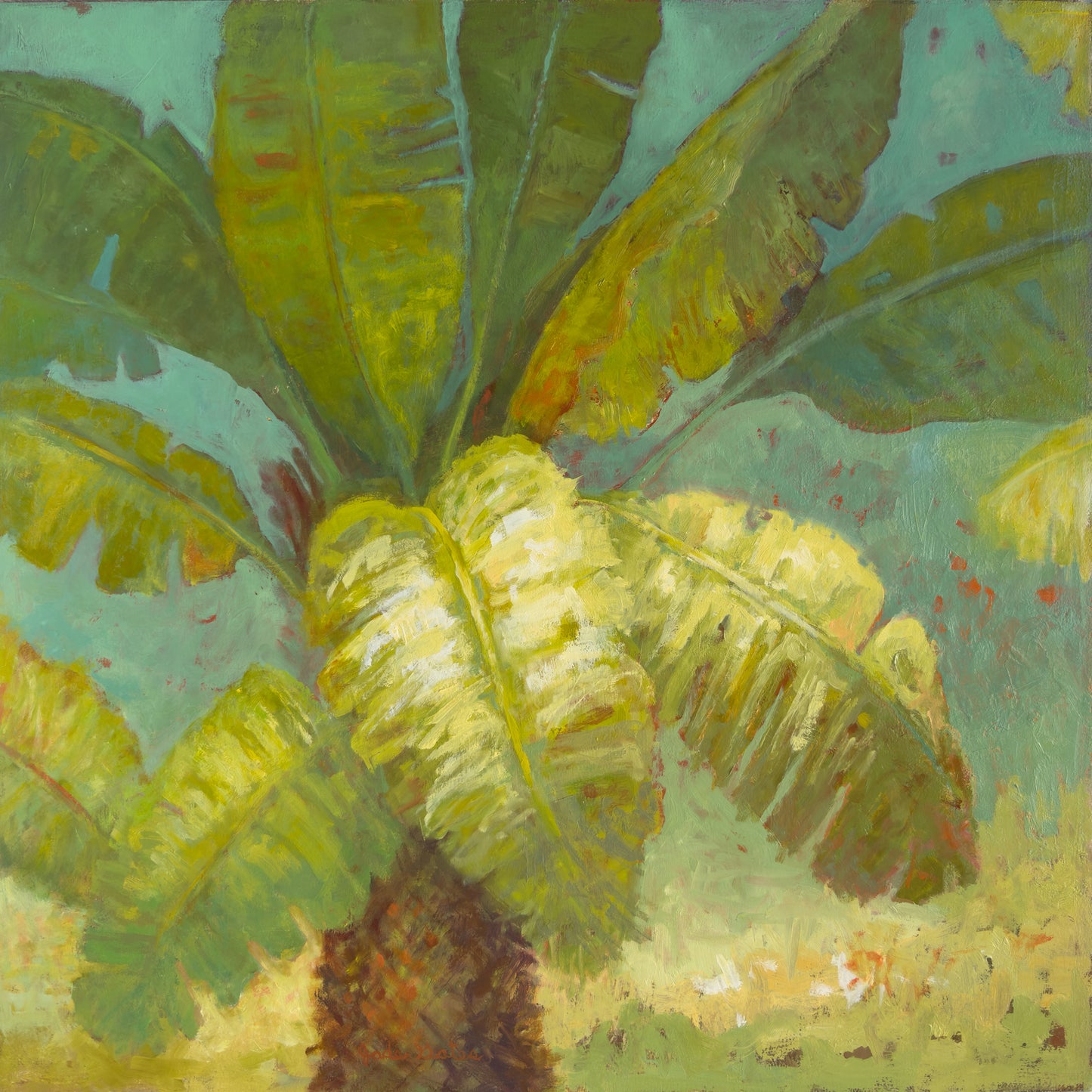 Artistic depiction of a banana plant with green leaves and a brown trunk on a textured background.