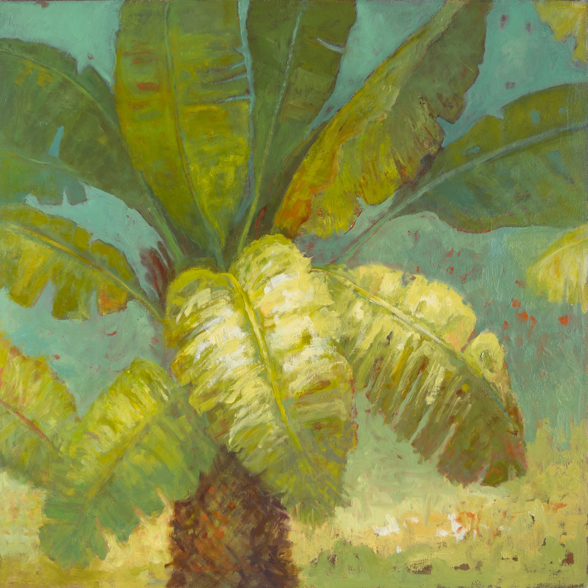 Artistic depiction of a banana plant with green leaves and a brown trunk on a textured background.