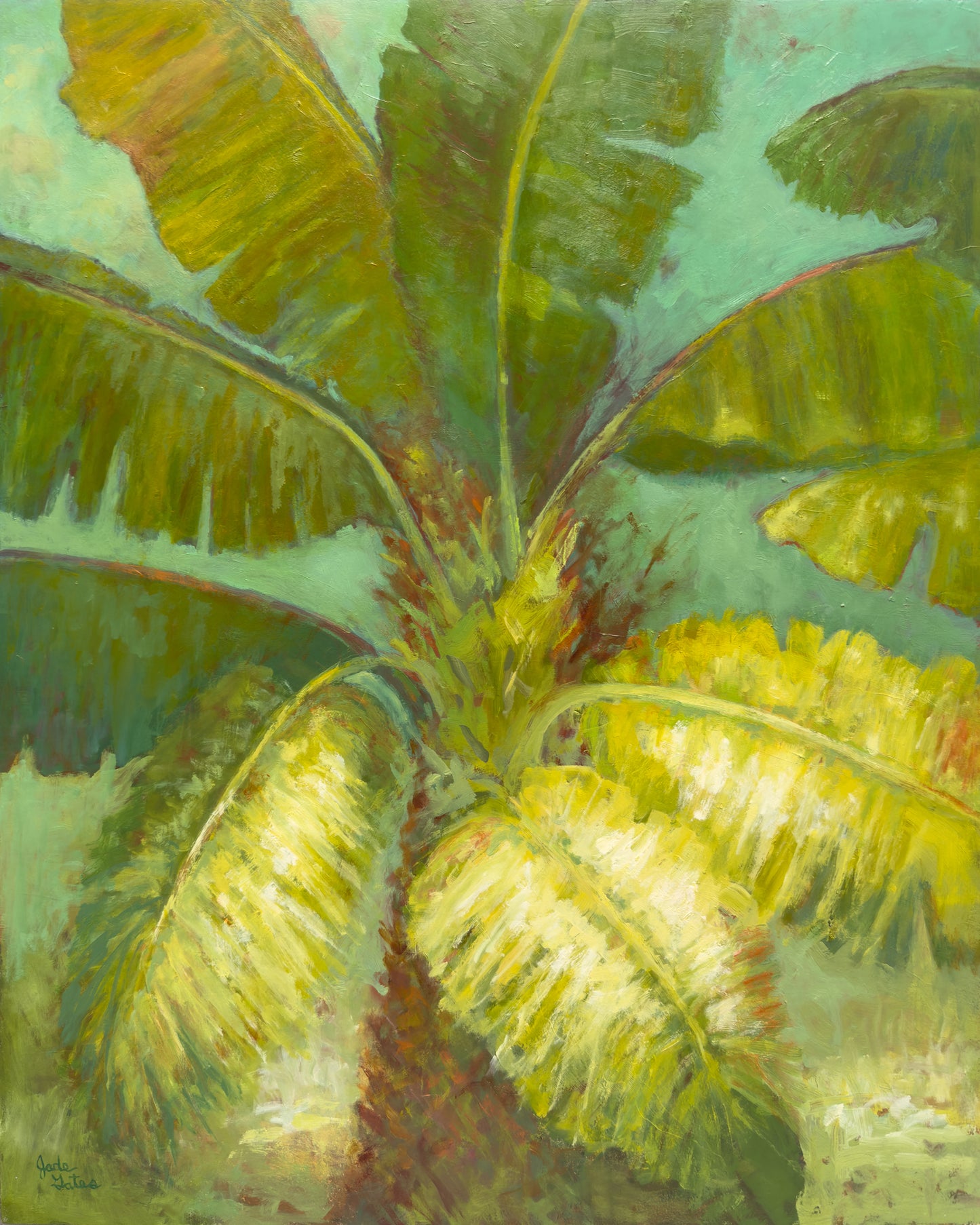 Artistic depiction of a banana plant with large green leaves on a textured green background