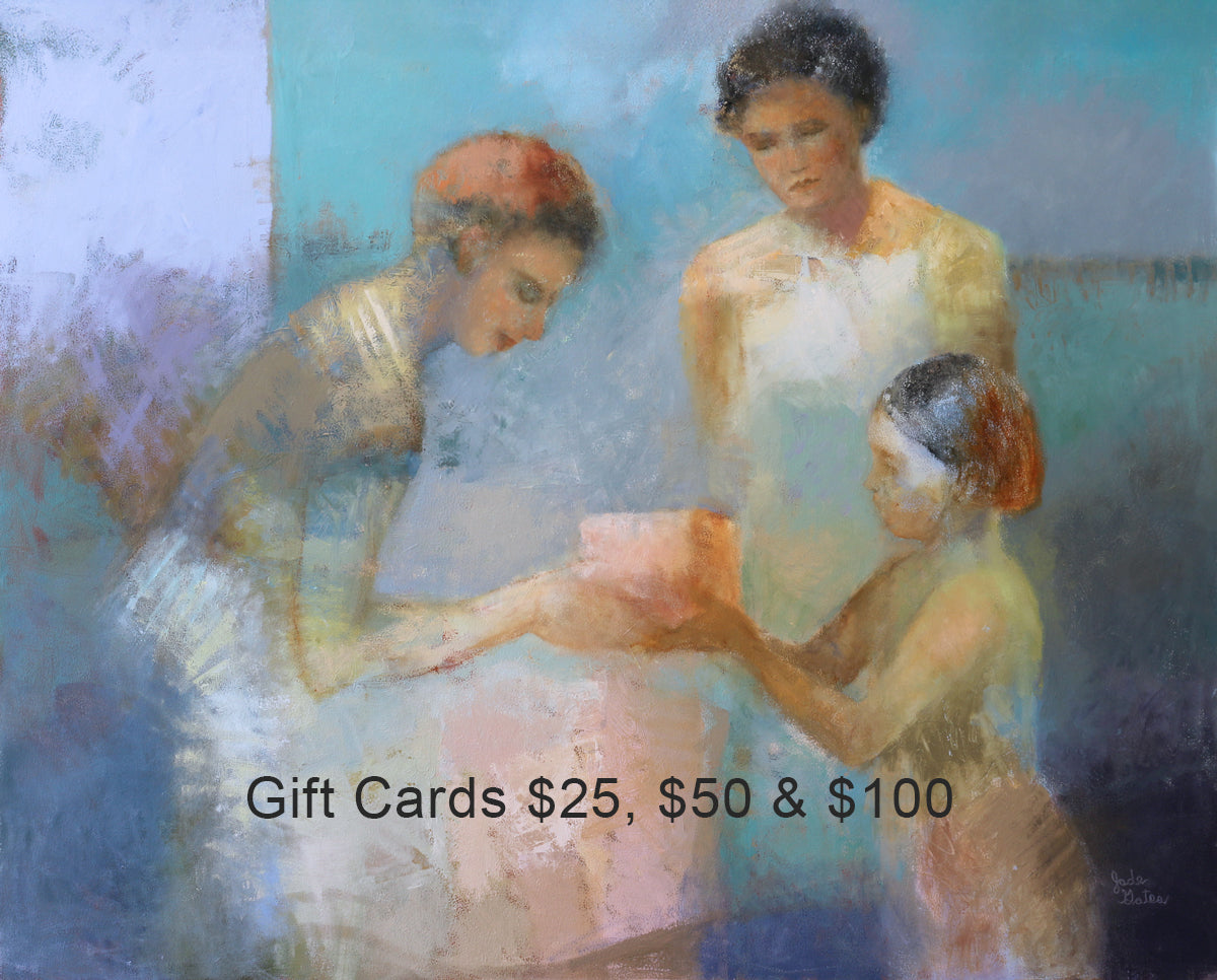 Painting of three women in a gift exchange with text overlay for gift card amounts.