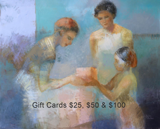 Painting of three women in a gift exchange with text overlay for gift card amounts.